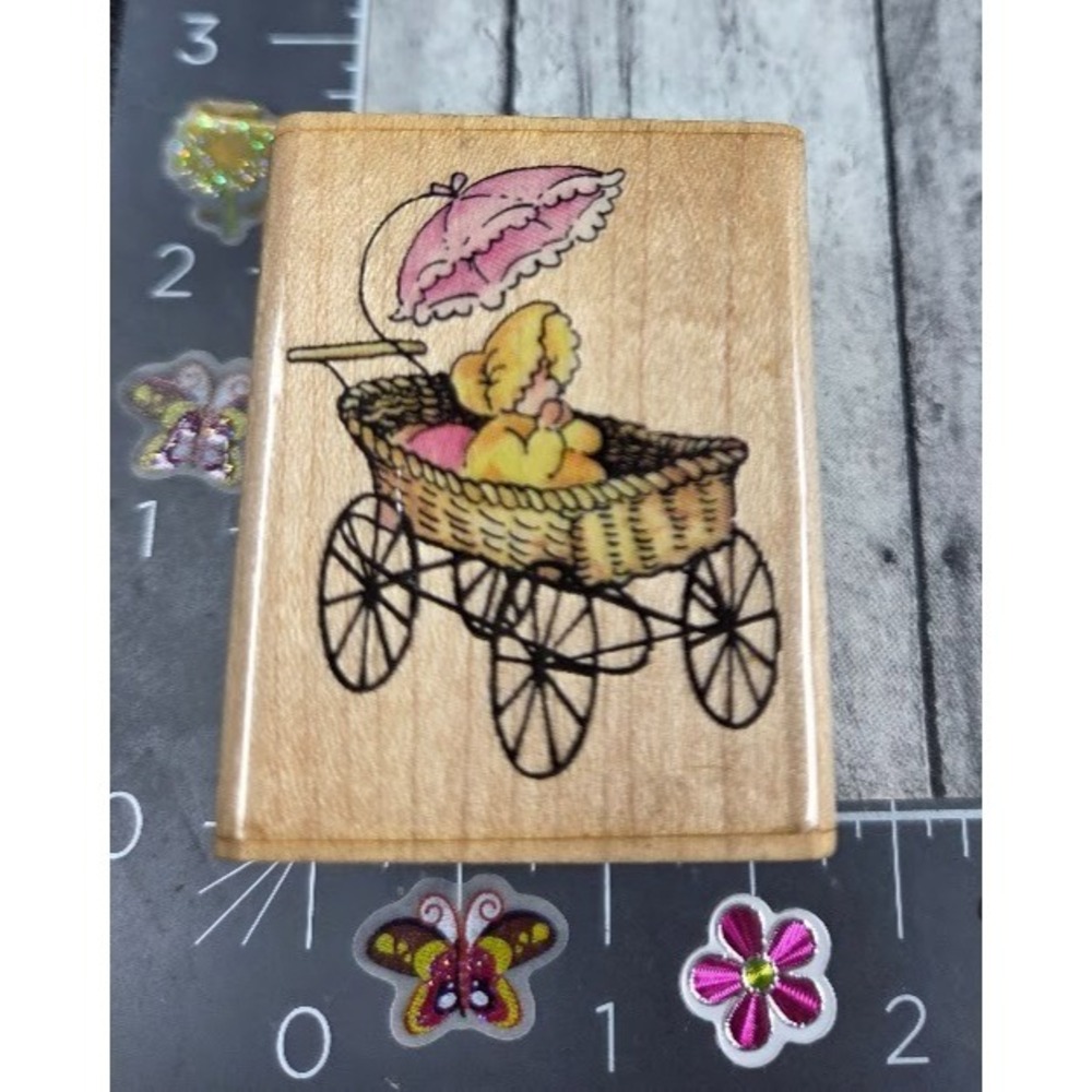 Stampendous Wicker Buggy E143 Baby Carriage Rubber Stamp Wood #P16